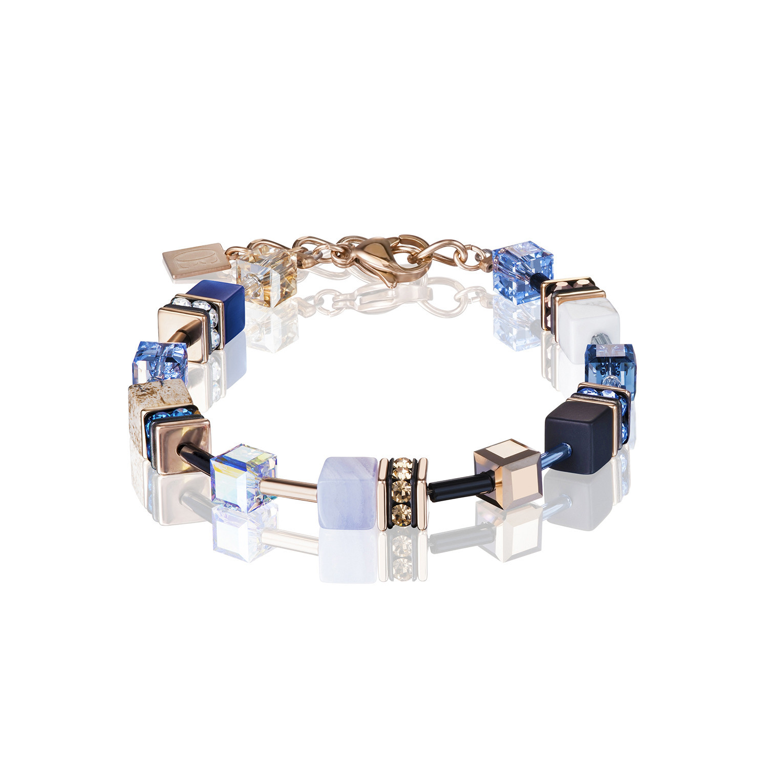 Bracelet Coeur de Lion géocube acier perles cube
tons bleus et beiges