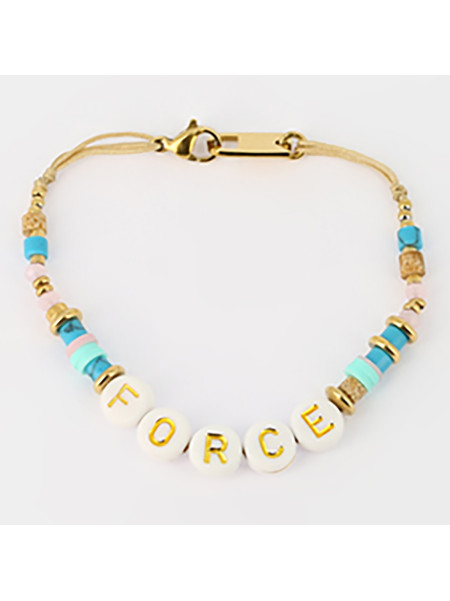 Bracelet Zag Bijoux perle ''Force'' turquoise Acier doré et tissue beige