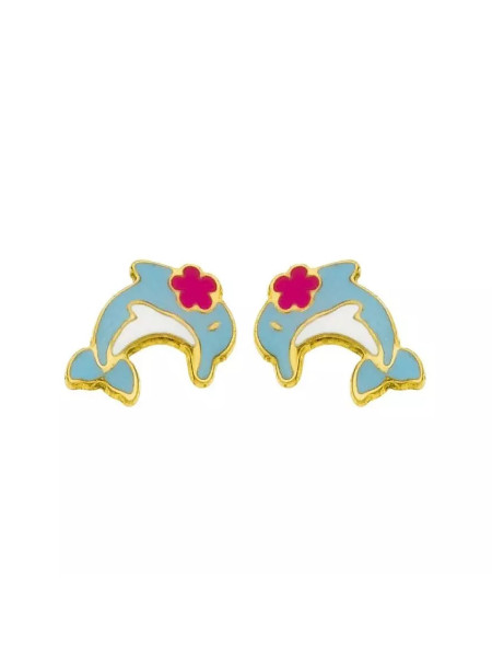 Boucles d'oreilles petit dauphin fleur rose
or jaune 18 carats