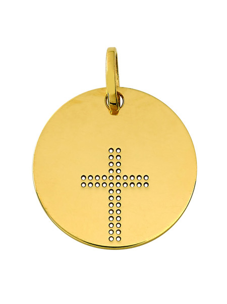 Médaille ronde or jaune 18 carats croix ajourée