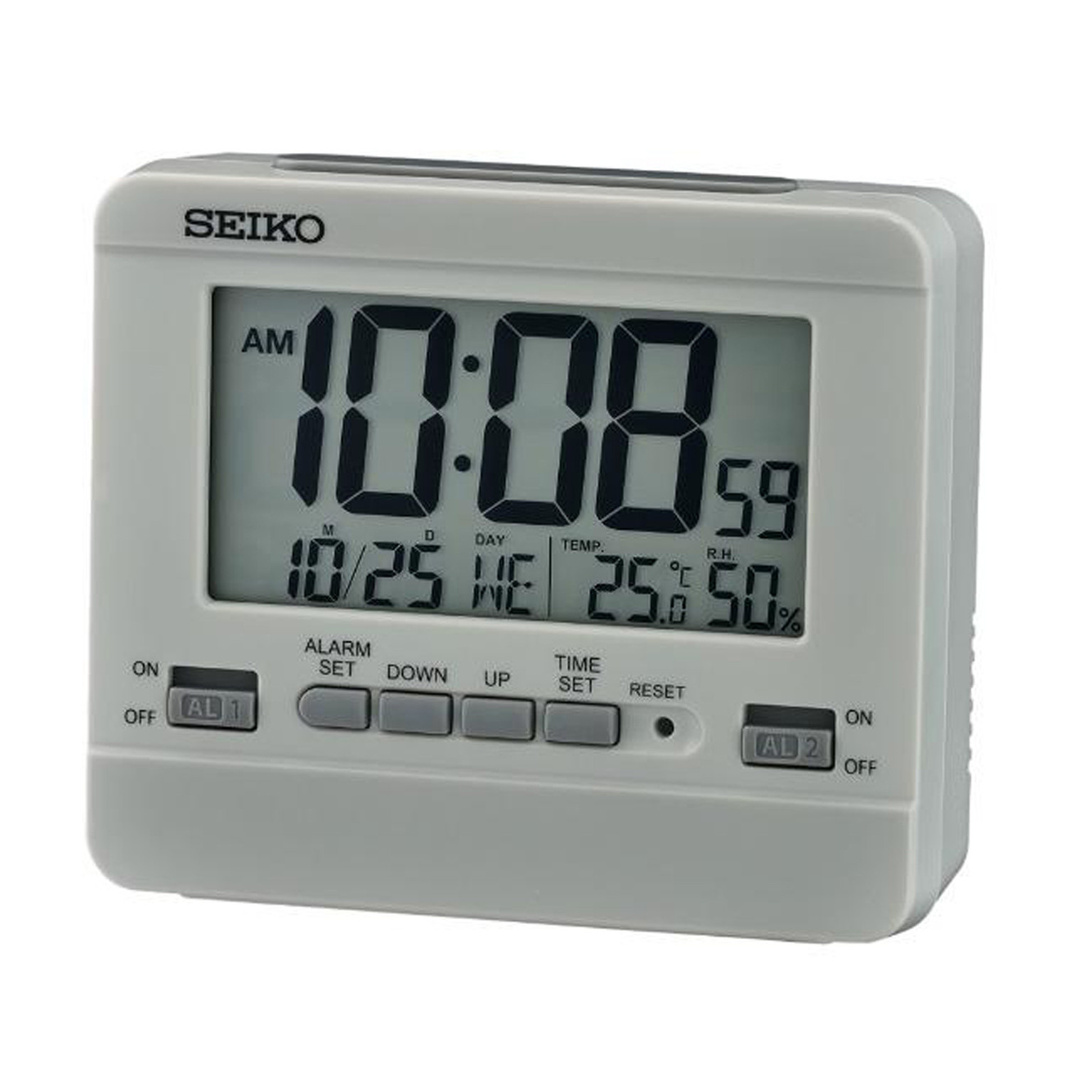 Réveil digital Seiko calendrier thermomètre gris