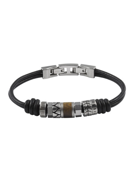 Bracelet homme Fossil cuir noir et perles en acier