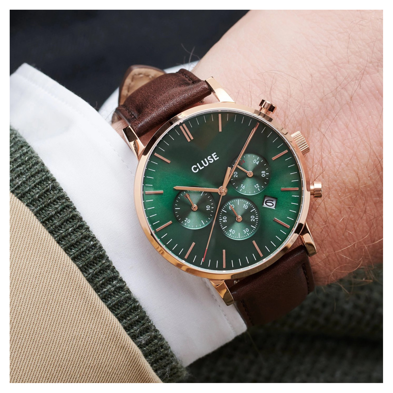 Montre homme Cluse Aravis Chrono Rose Gold Green/
Brown