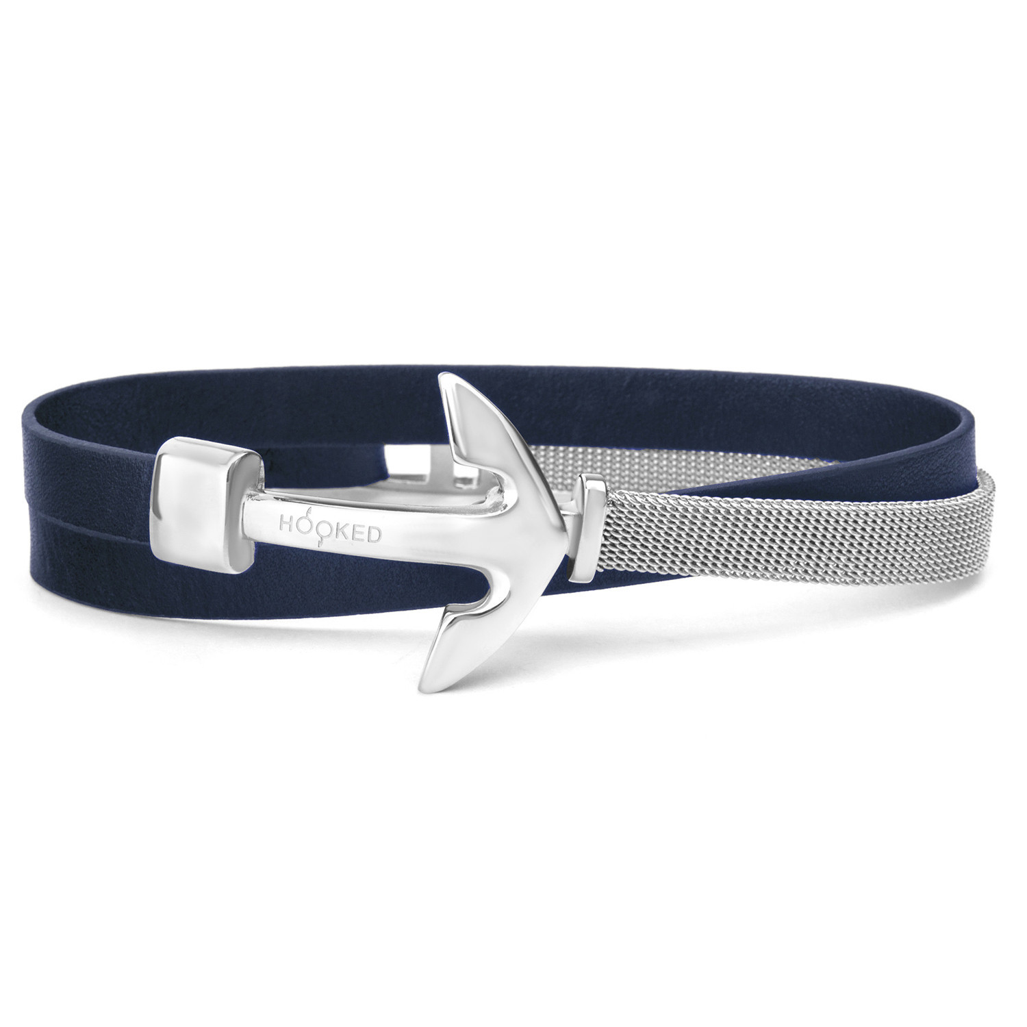 Bracelet Hooked cuir bleu acier maille  milanaise
ancre marine