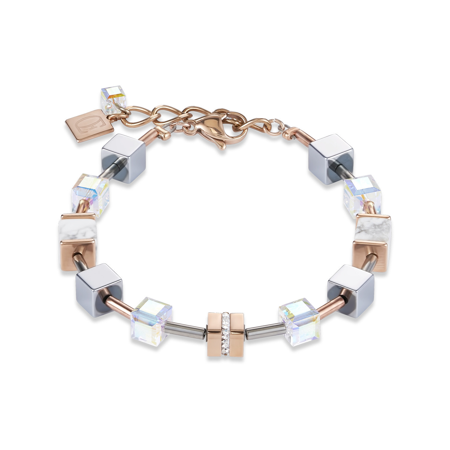 Bracelet Coeur de Lion géocube acier perles cube
tons gris, roses, blancs