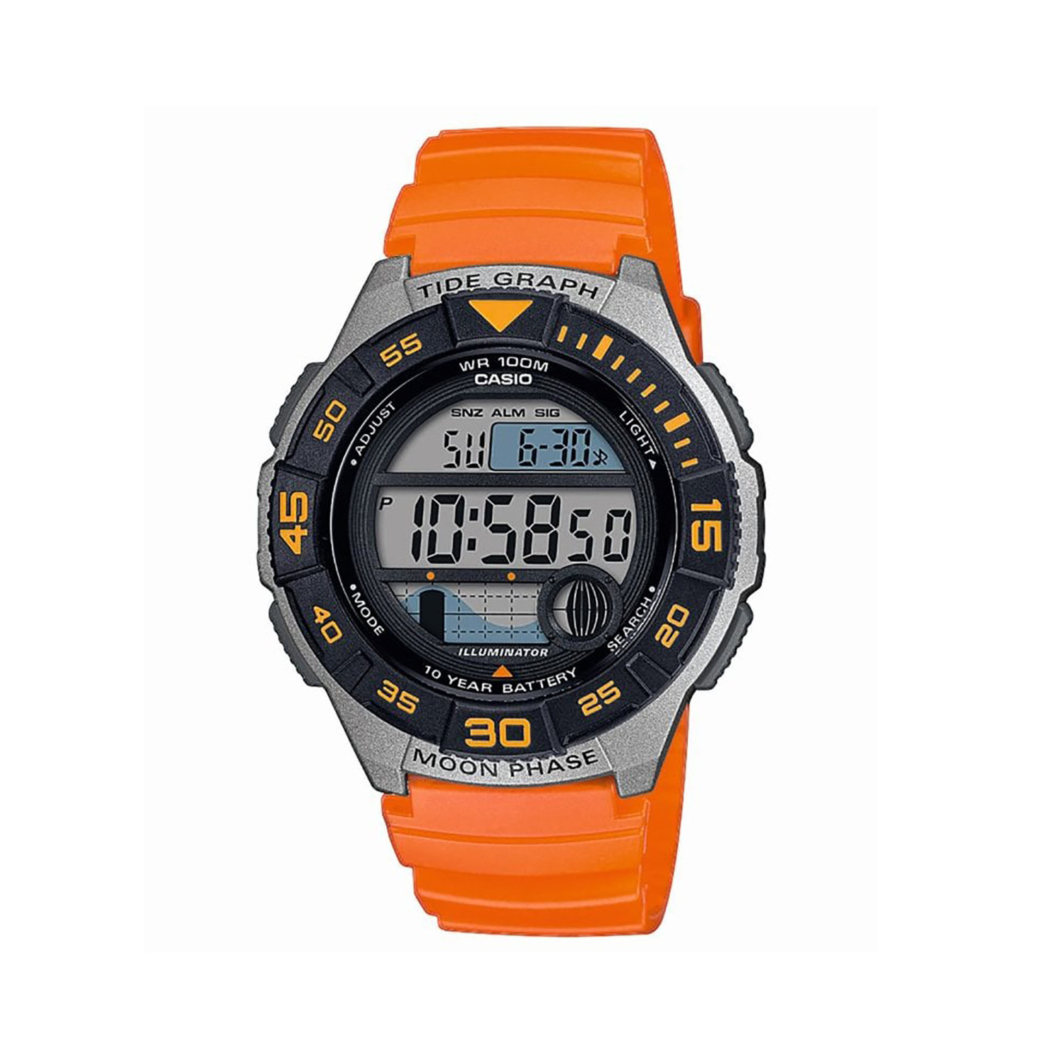 Montre Casio bracelet orange phases de lune marée