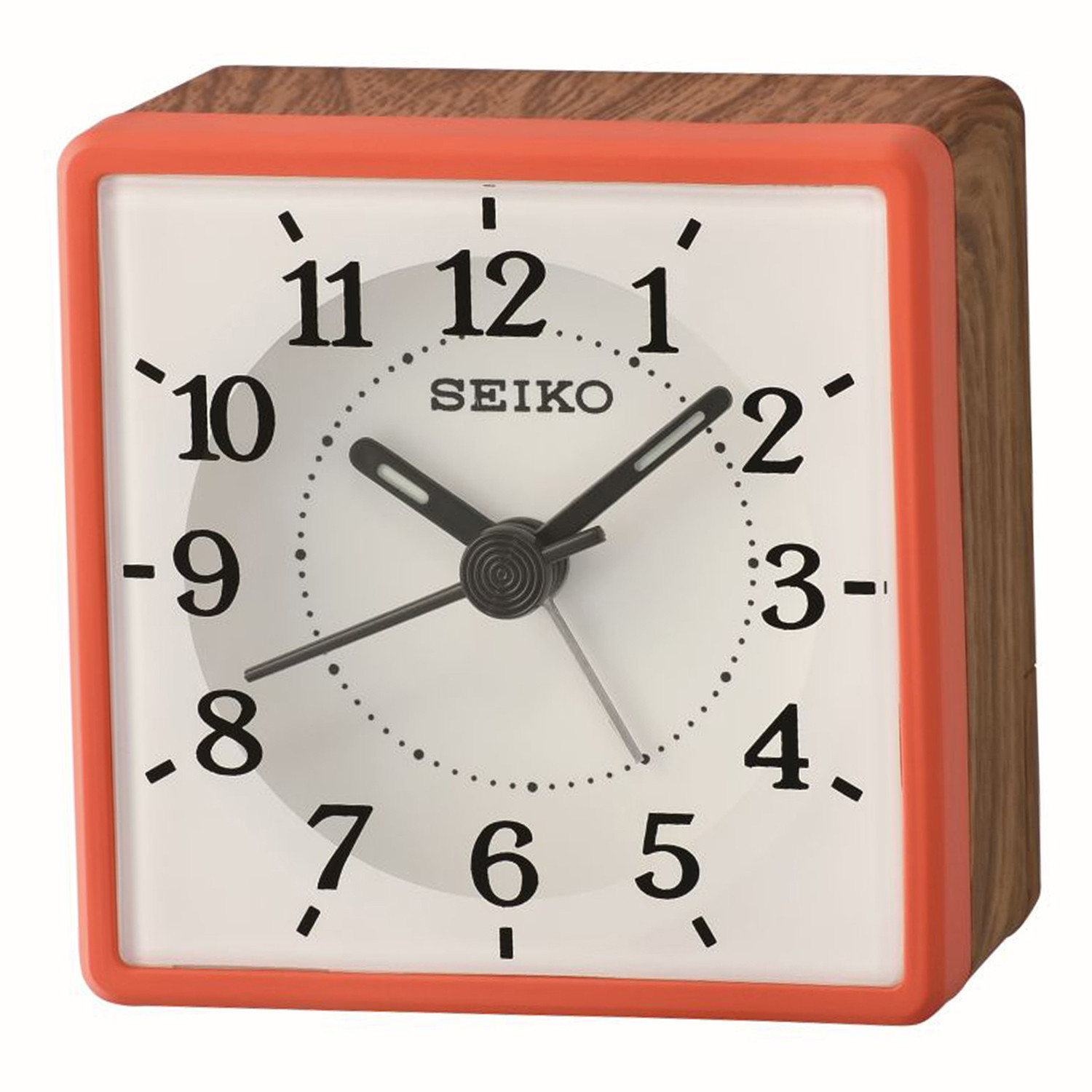 Réveil Seiko carré orange et imitation bois